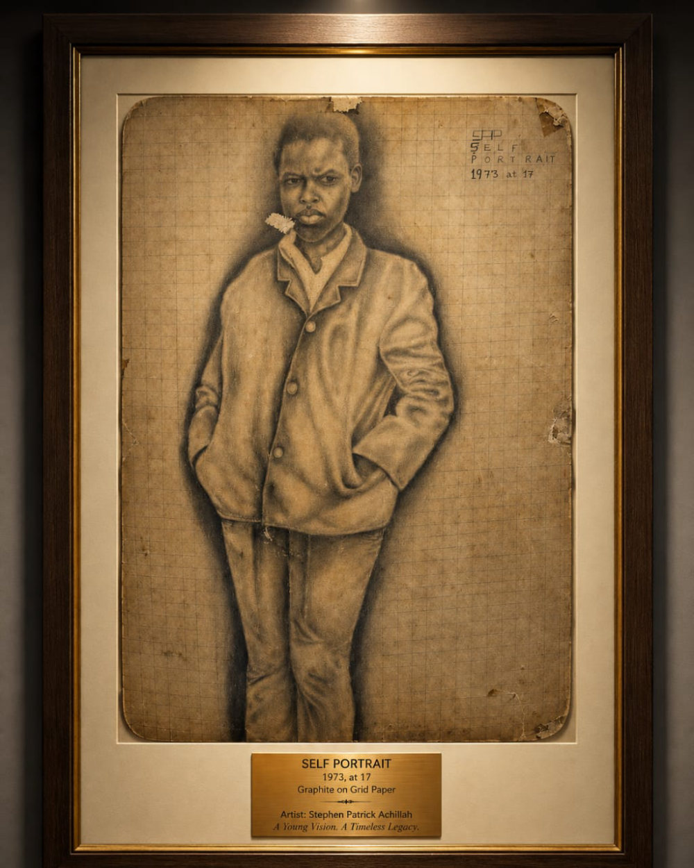 Self Portrait, graphite on grid paper, 1973, by Pastor Stephen Patrick Achillah